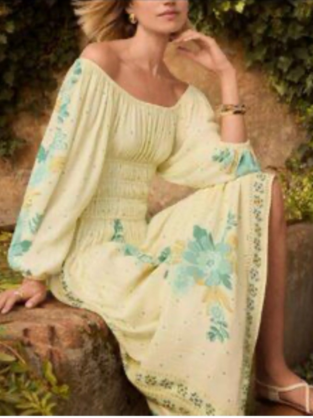 Boho Off-Shoulder Floral Maxi Dress in Pale Yellow and Aqua loft brand